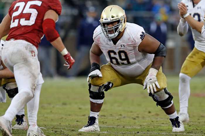 Notre Dame has a big and powerful guard in the name of Aaron Banks. He could be a riser after a strong Senior Bowl.